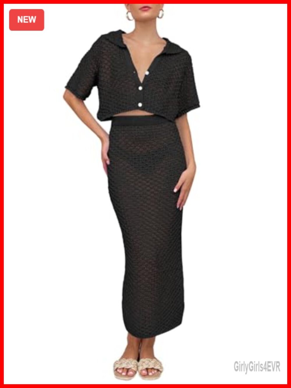 Crochet Knit 2 Piece Cover Up Set Crop Button Top Maxi Skirt Beachwear